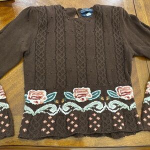 Handmade Brown Floral Cable Knit Crewneck Sweater
